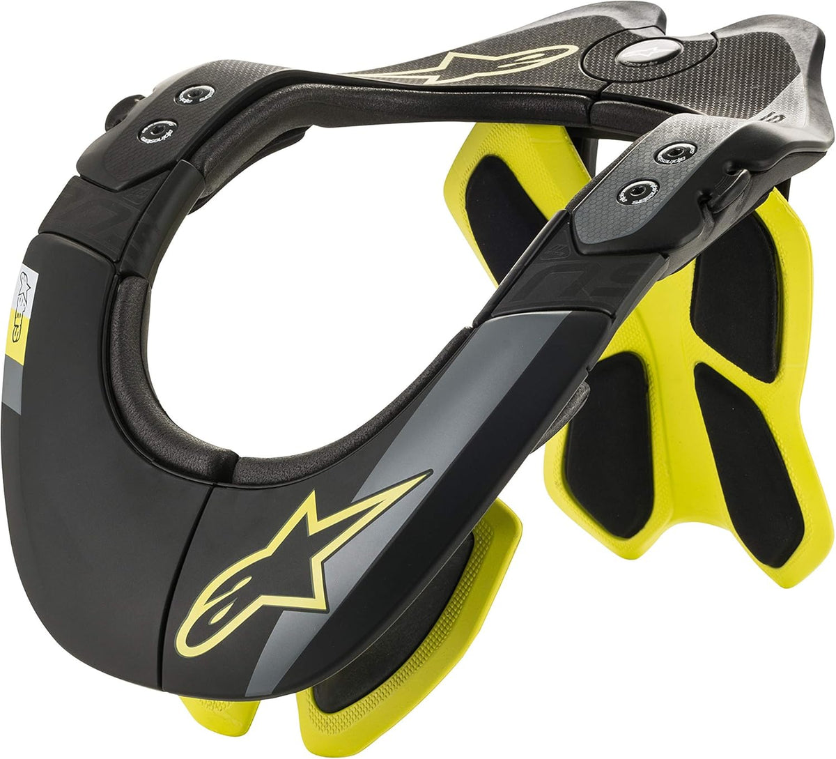 Alpinestars BNS Tech-2 neck support brace front view in black and yellow fluo colorway.