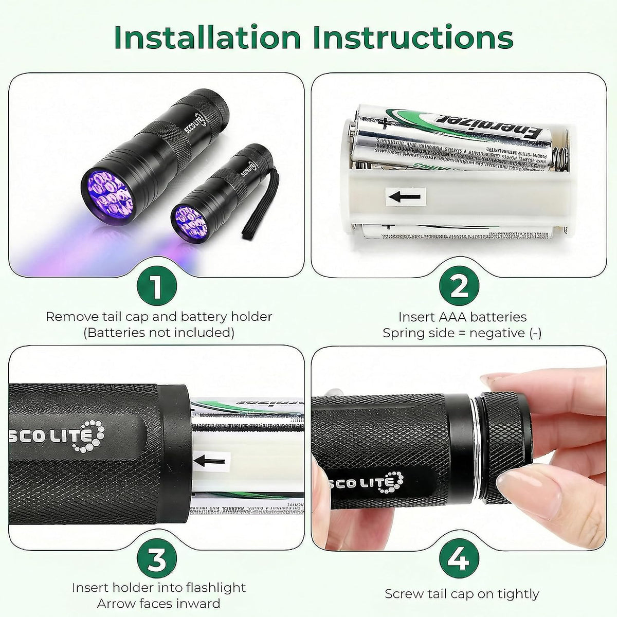 Escolite non slip textured black light mini torch close up view