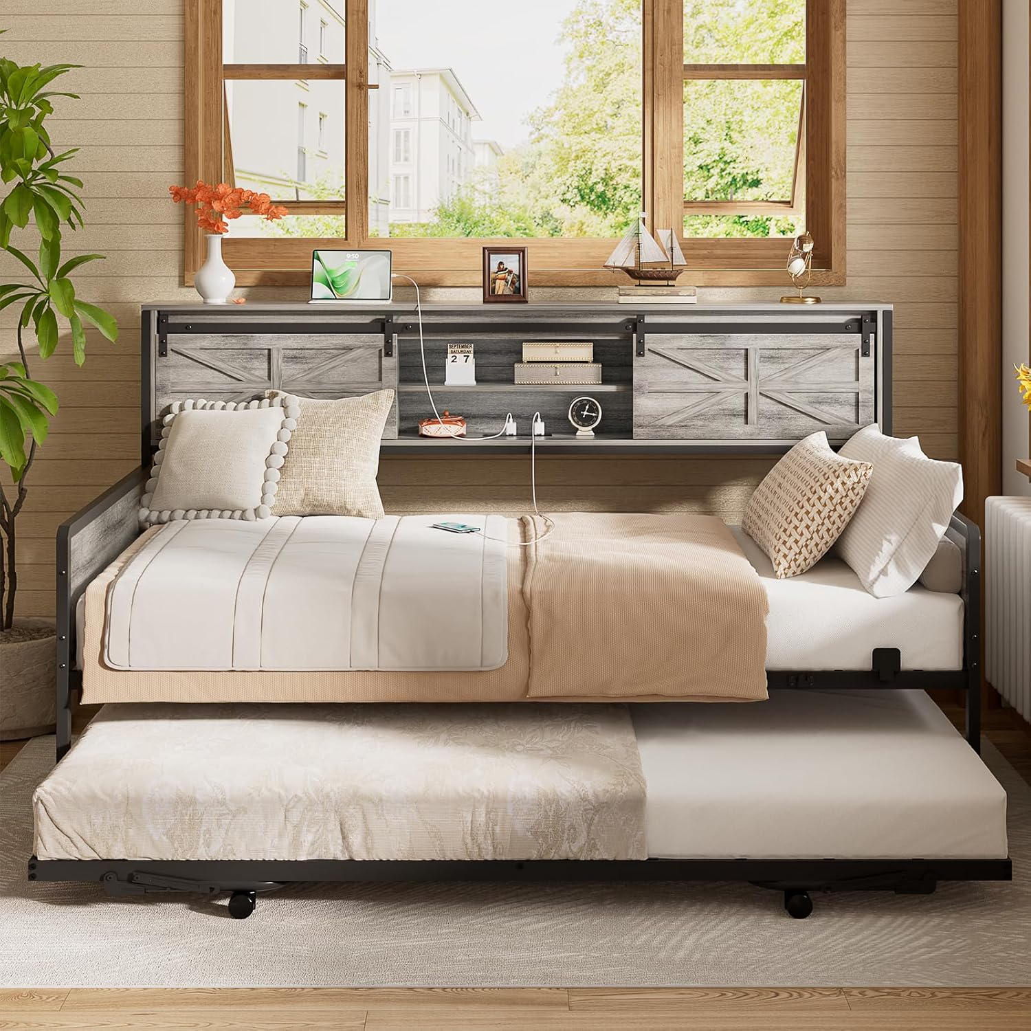 Homieasy twin daybed with pop up trundle front view in light oak farmhouse style