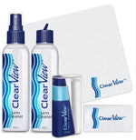 OptiSource International Clear View Lens Cleaner Kit front view showing spray bottles and microfiber cloths