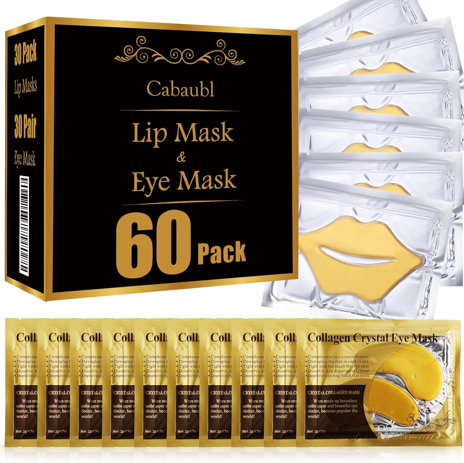 Cabaubl Gold Collagen Lip and Eye Mask set packaging front view with hydrogel patches