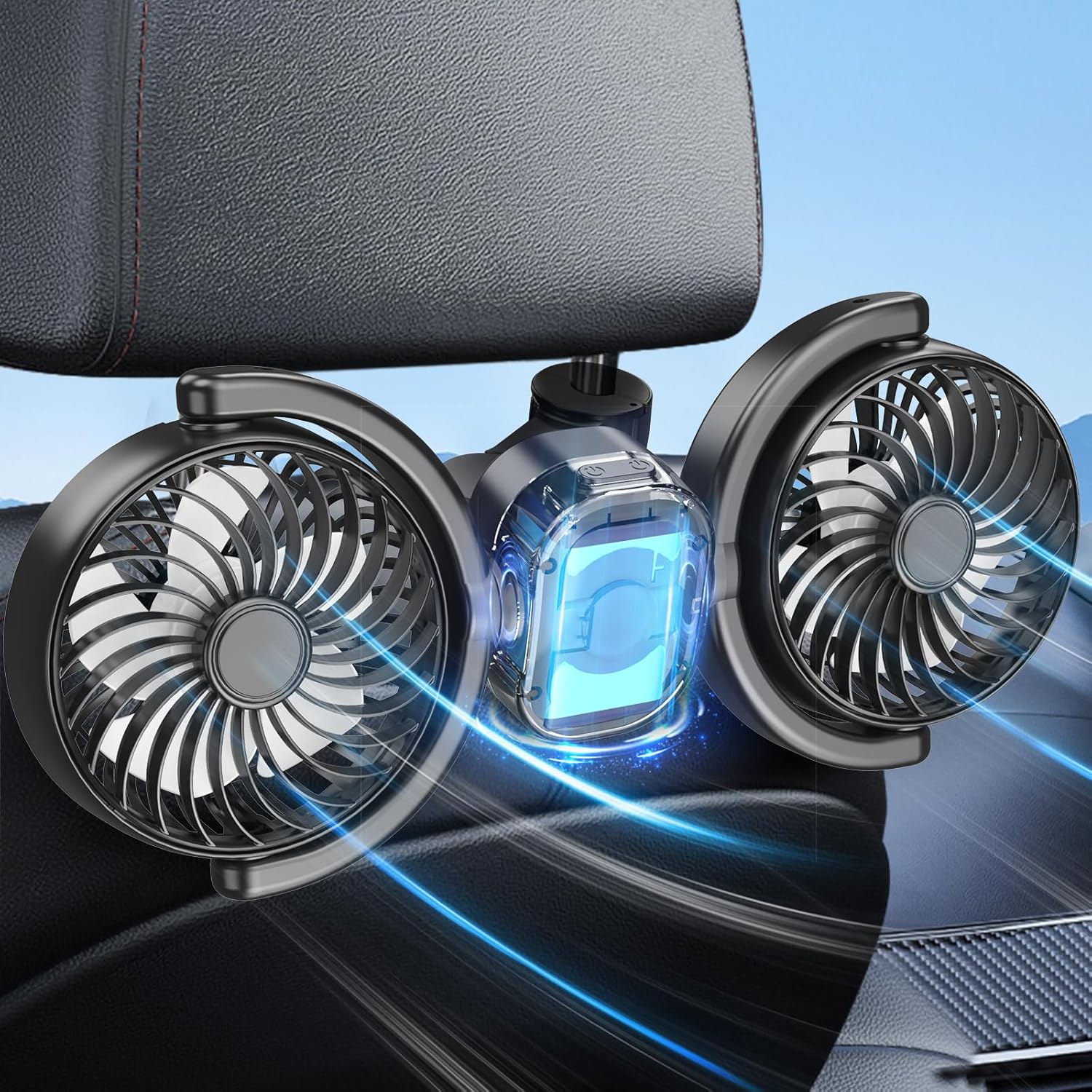 Dealswin rechargeable dual head car backseat cooling fan front view showing dual adjustable blades and headrest mount