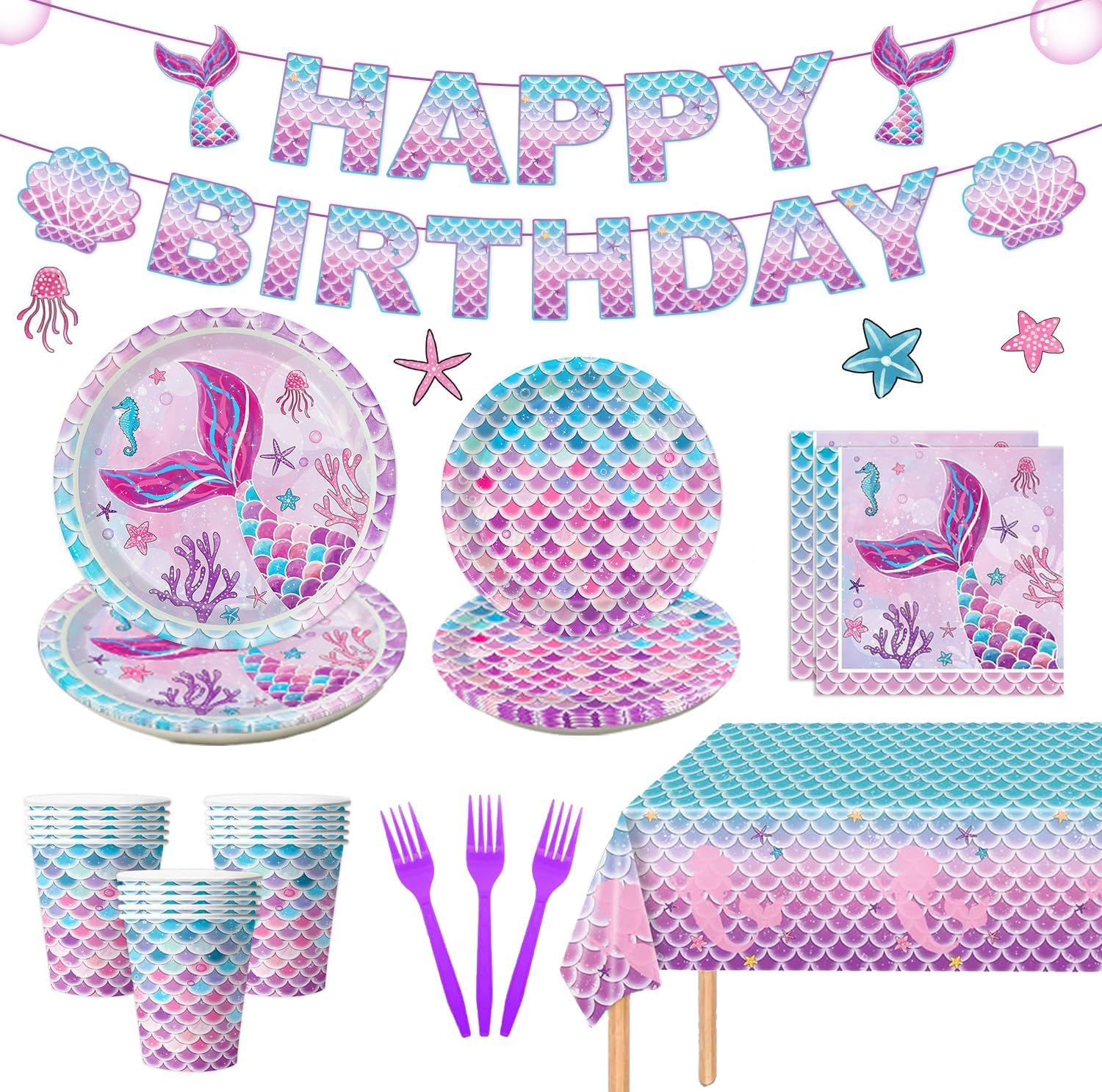 Oigco Mermaid Birthday Party Decorations Set front view showing complete 122-piece setup for 24 guests