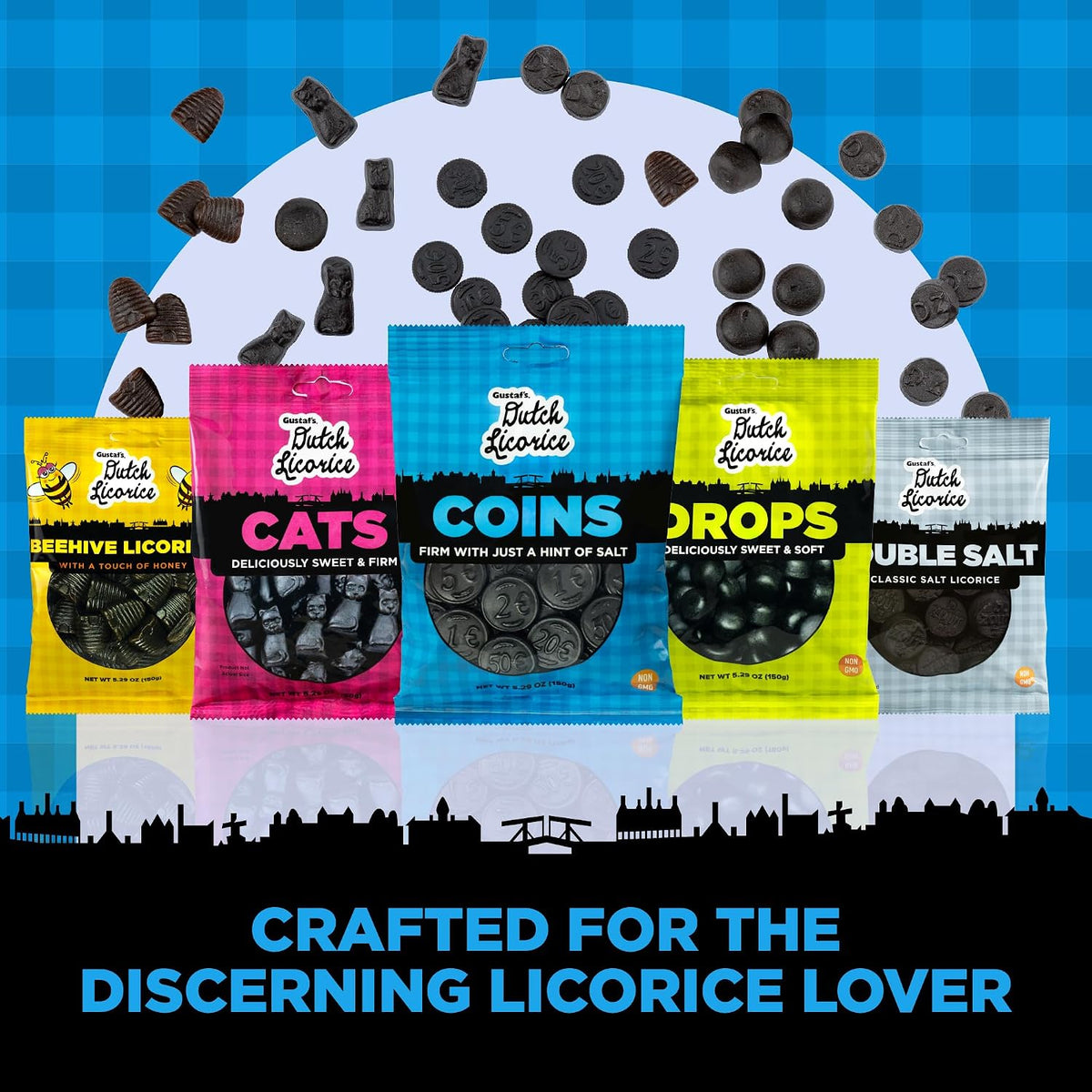 Gustaf's 5.2 Ounce salted black licorice coin pack placed on a clean background.
