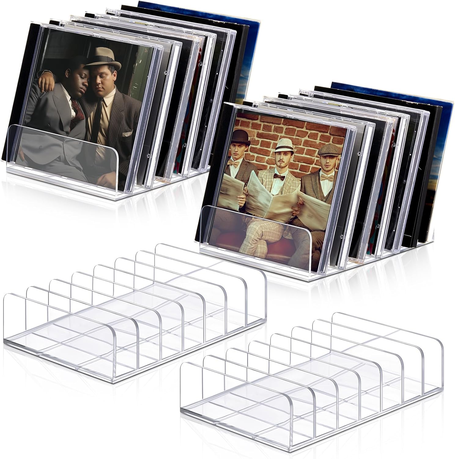 Threehoney 4 pack clear acrylic cd holder front view on media shelf