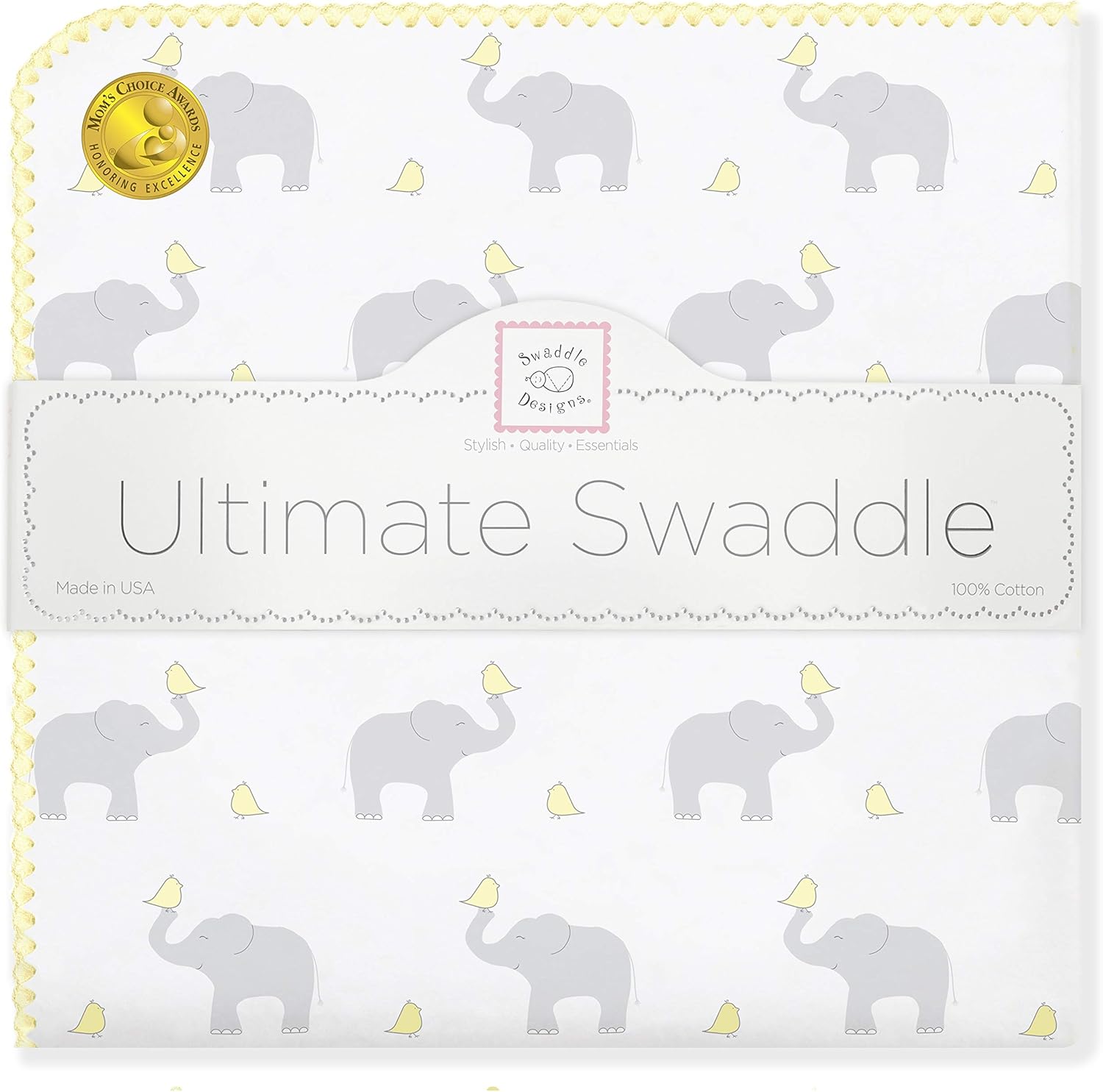 SwaddleDesigns Elephant and Pastel Yellow Chickies swaddle front view