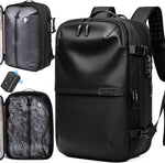 AirVault Ventures Vacuum Seal Travel Backpack front view in black color showing premium water resistant exterior.