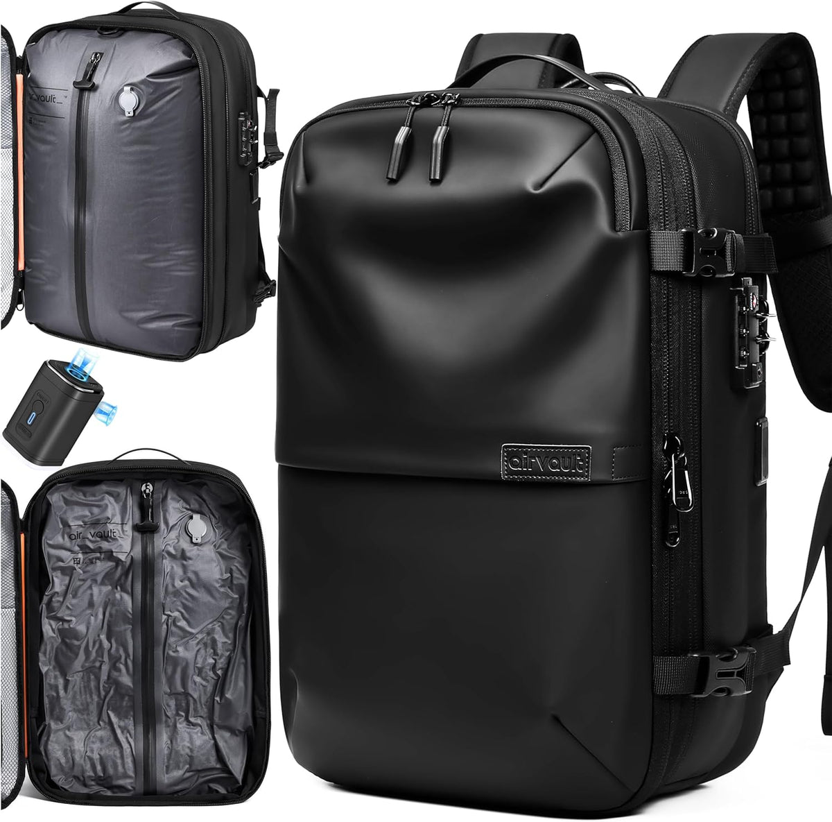 AirVault Ventures Vacuum Seal Travel Backpack front view in black color showing premium water resistant exterior.