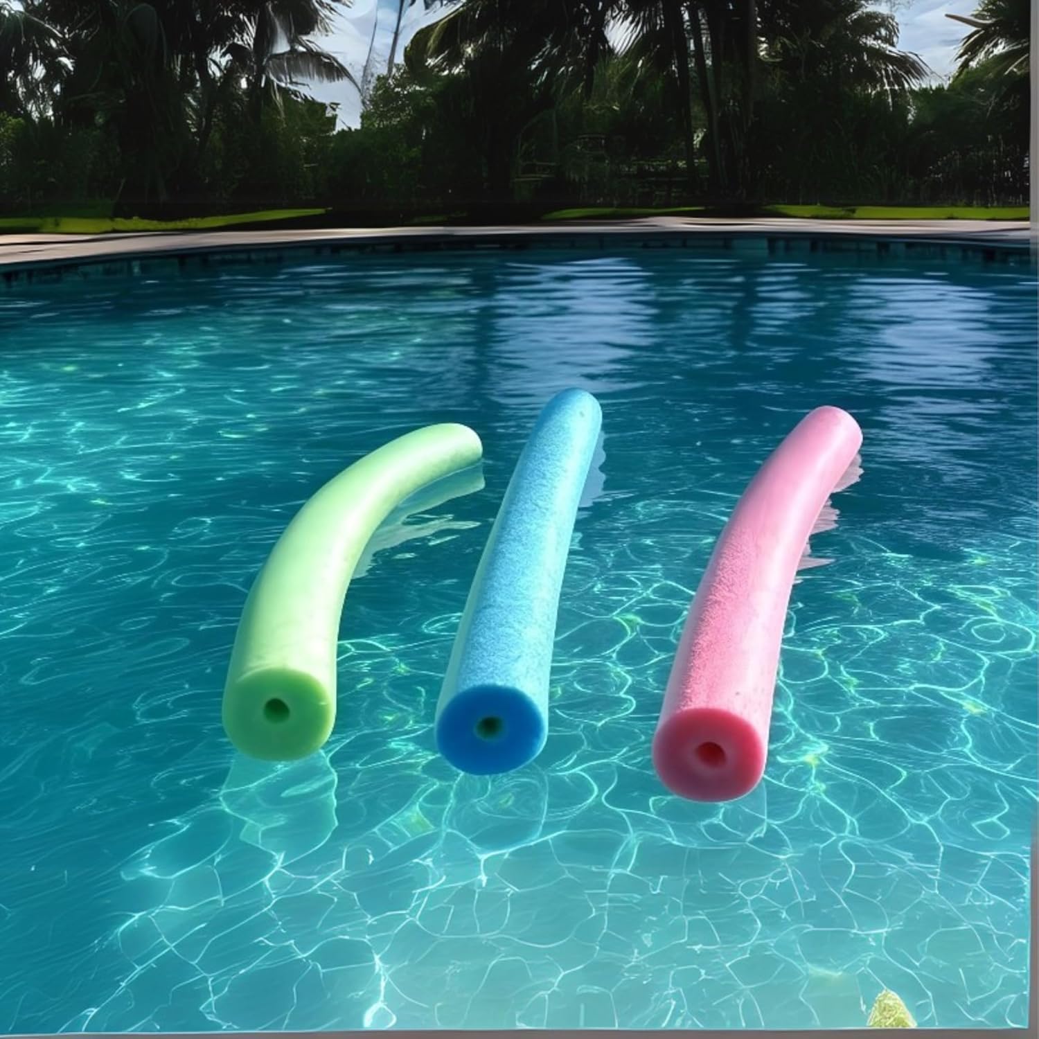Generic three pack fun pool noodle foam swimming party front view showing three assorted colored hollow cylinders.