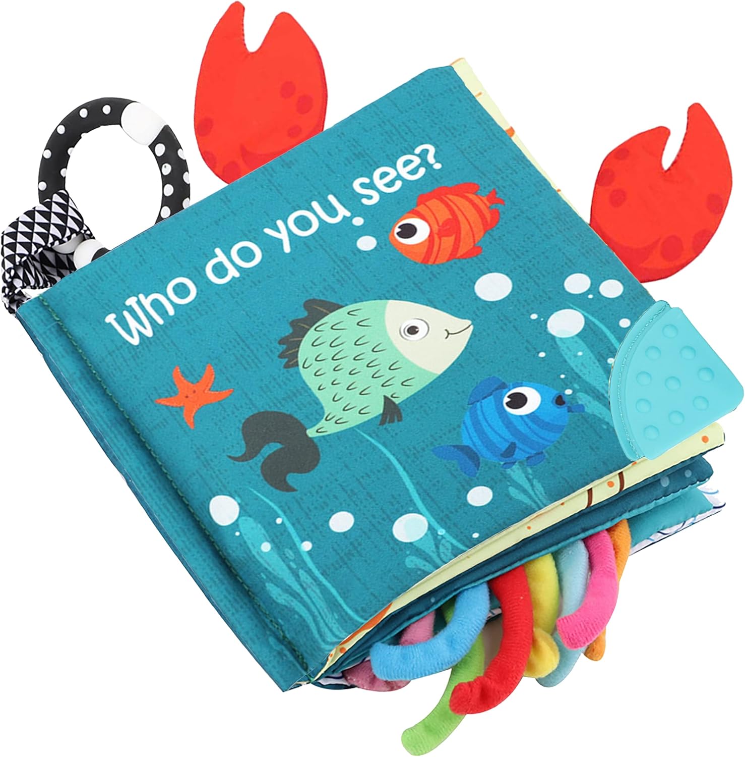 Bebe Mondo fish soft cloth book front view showcasing colorful ocean theme.