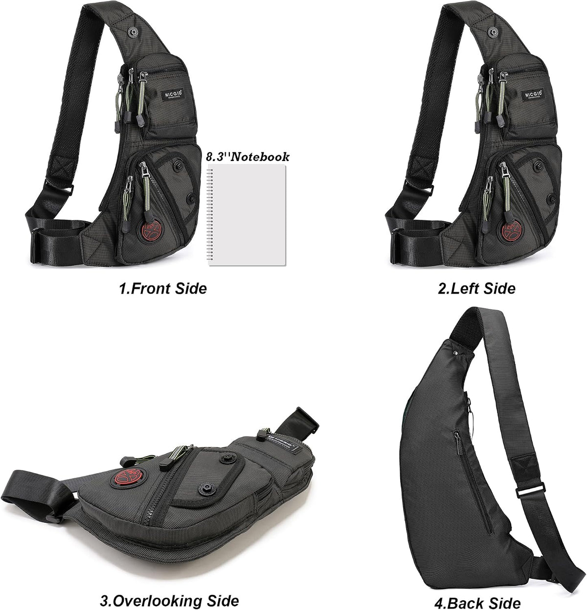 Nicgid crossbody daypack showing main compartment and zippered pockets