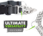 Escape proof limited slip dog collar highlighting the dual D ring attachment.