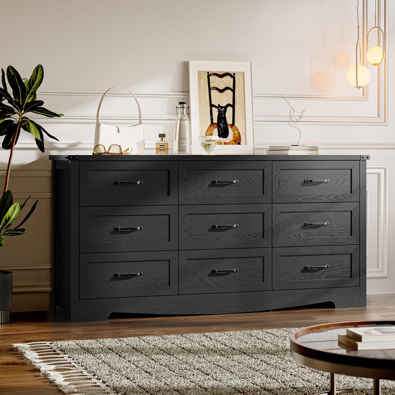 Bornoon 6 drawer dresser front view in a modern bedroom