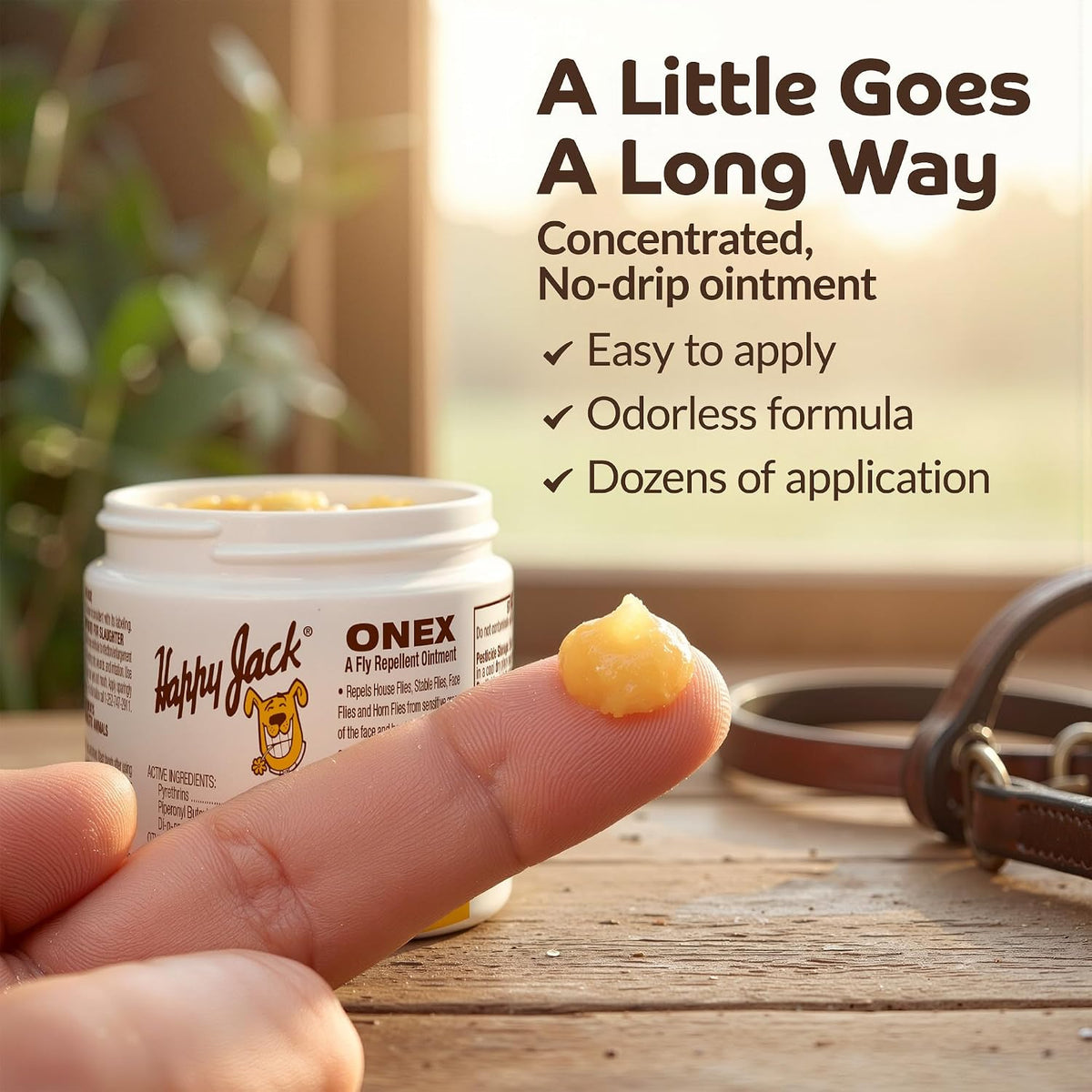 Product base of Happy Jack Onex showing manufacturing details and standard four ounce weight.