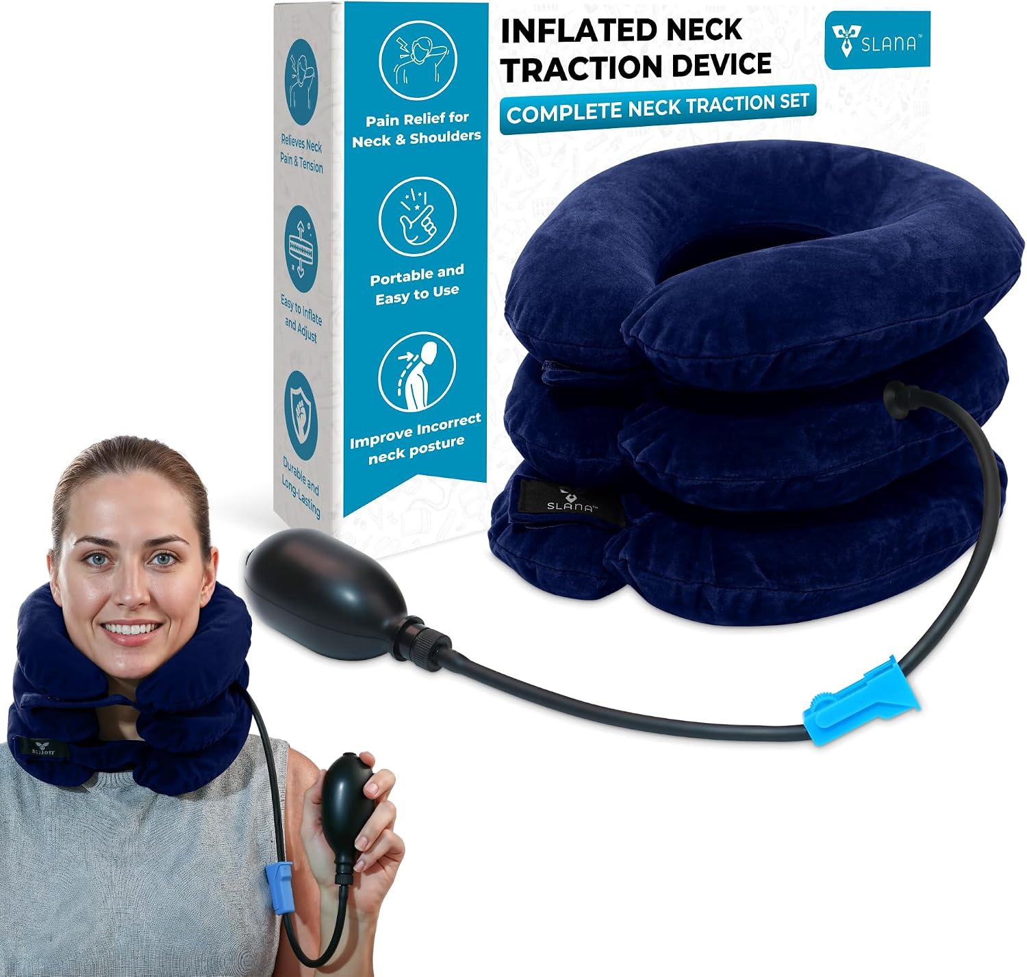 SLANA inflatable neck traction device front view with hand pump