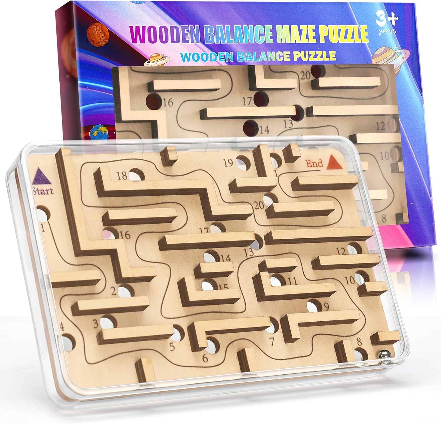 Cherosin handheld wooden labyrinth marble maze puzzle front view showing numbered holes