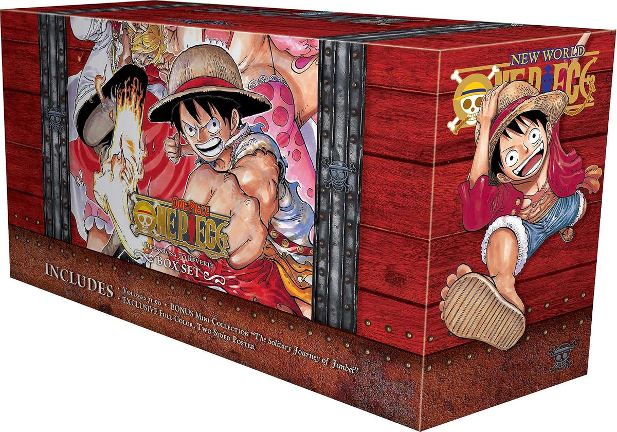 One Piece manga box set 4 open showing volumes and poster