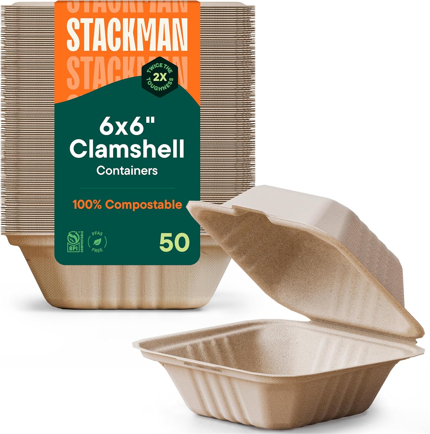Stack Man 100% Compostable Clamshell Food Containers front view 50-pack bagasse.