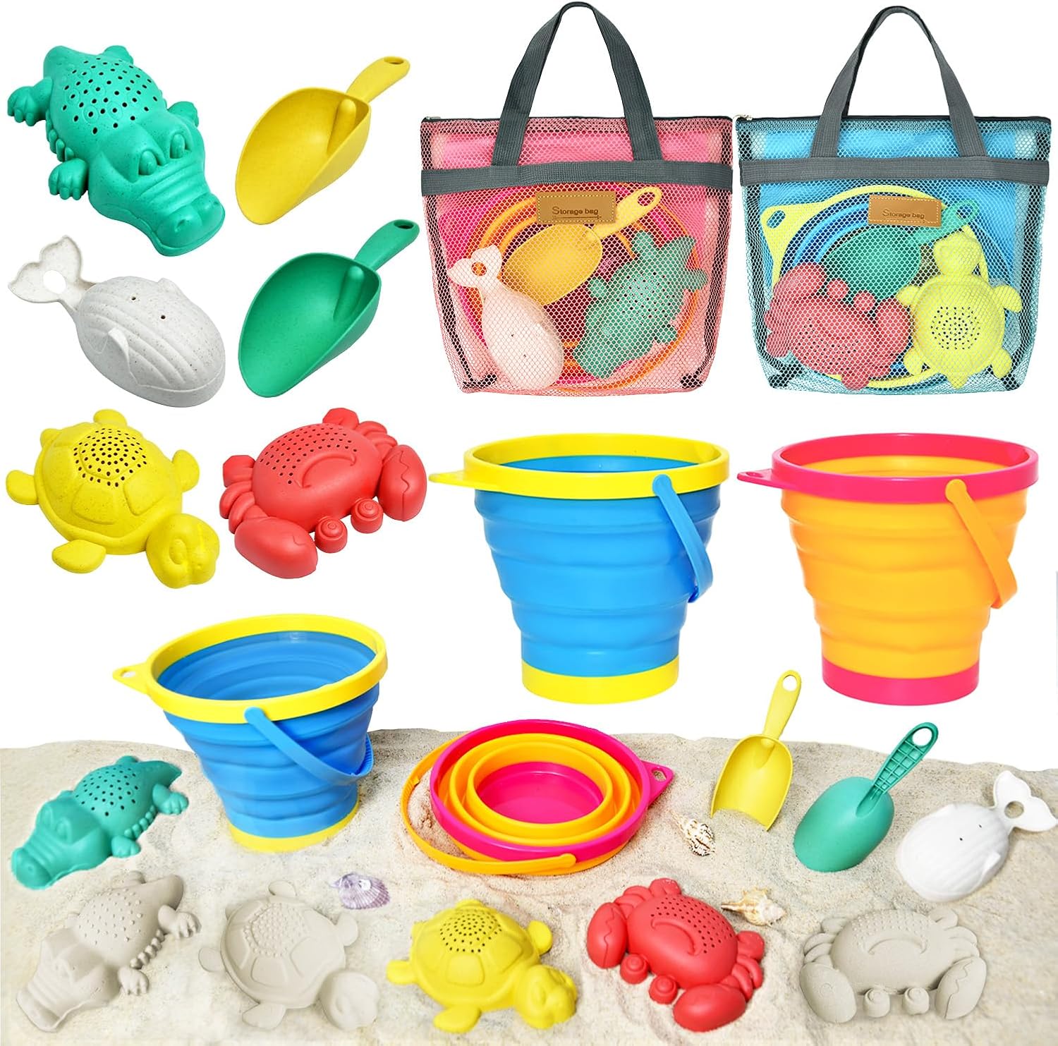 Aclarastra collapsible beach toy set front view with buckets and molds