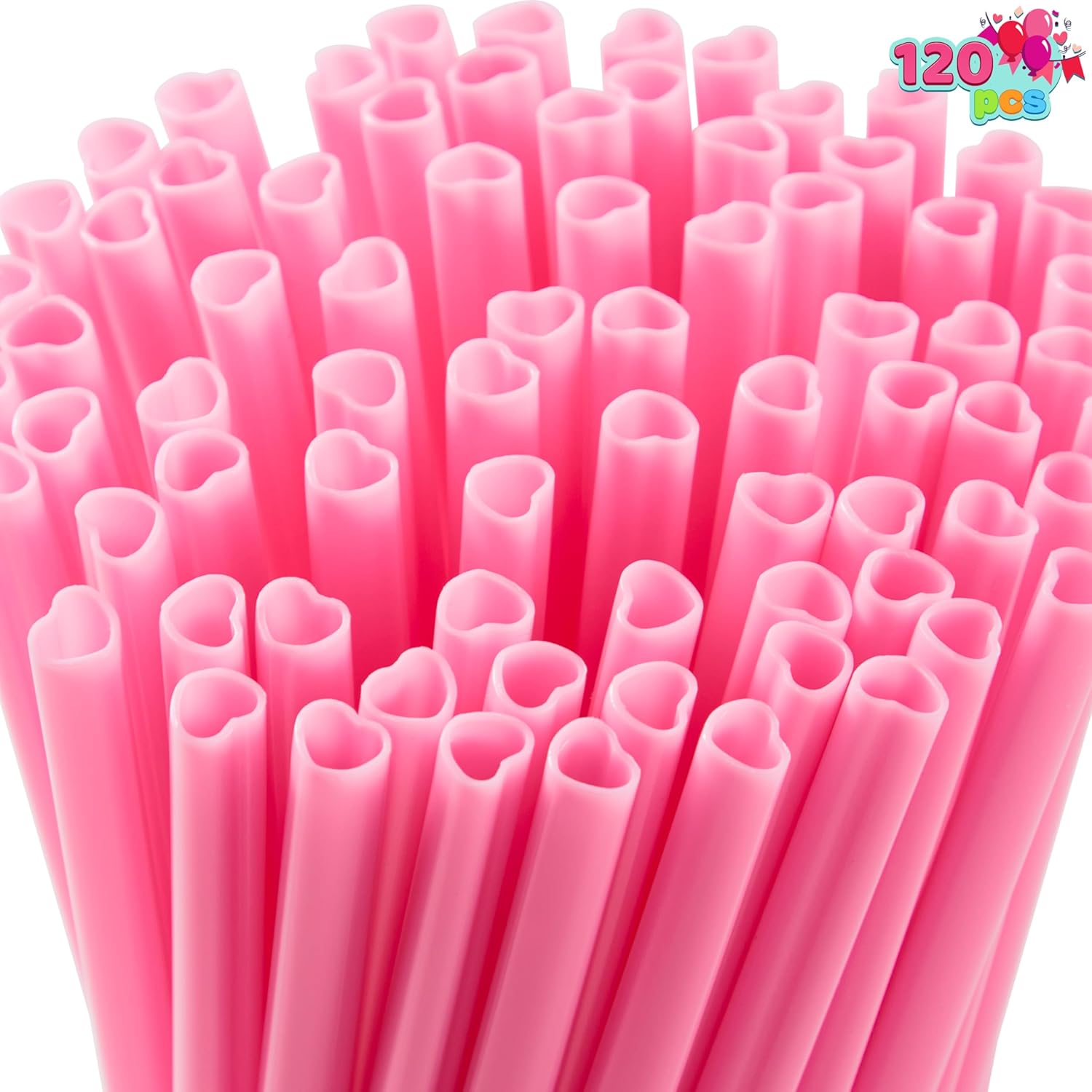 JOYIN heart shaped pink drinking straws front view for party decorations