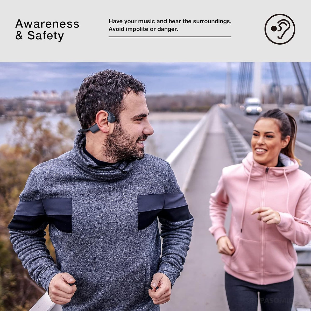 ROPASOMIC bluetooth headset resting on athletic background