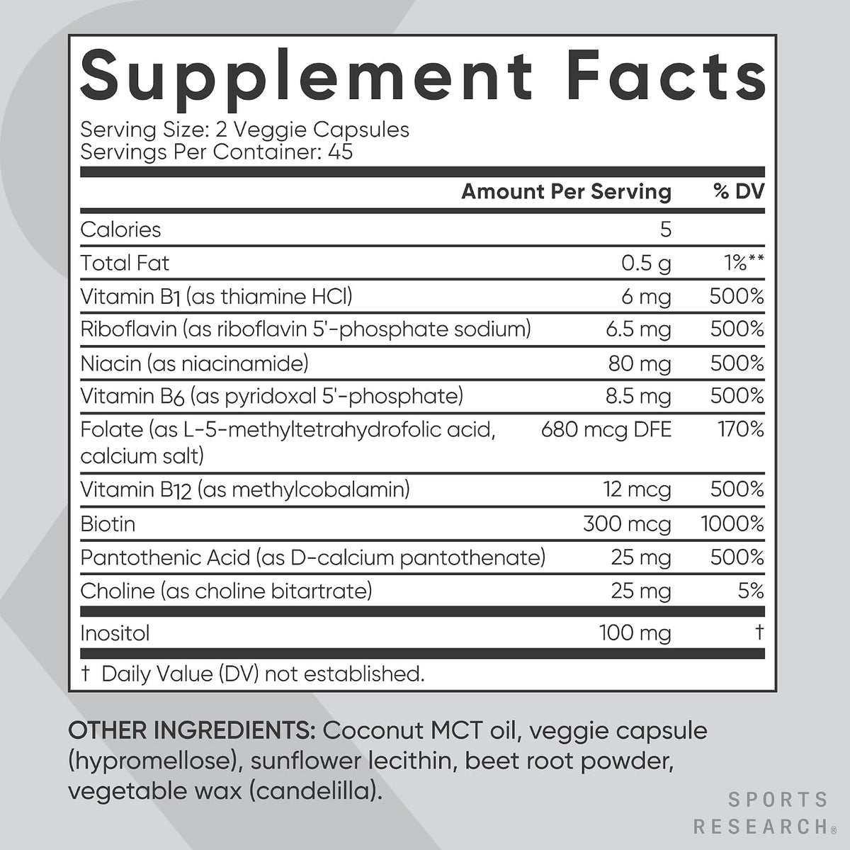 Authentic Sports Research full spectrum B vitamins container highlighting non GMO and gluten free certifications.