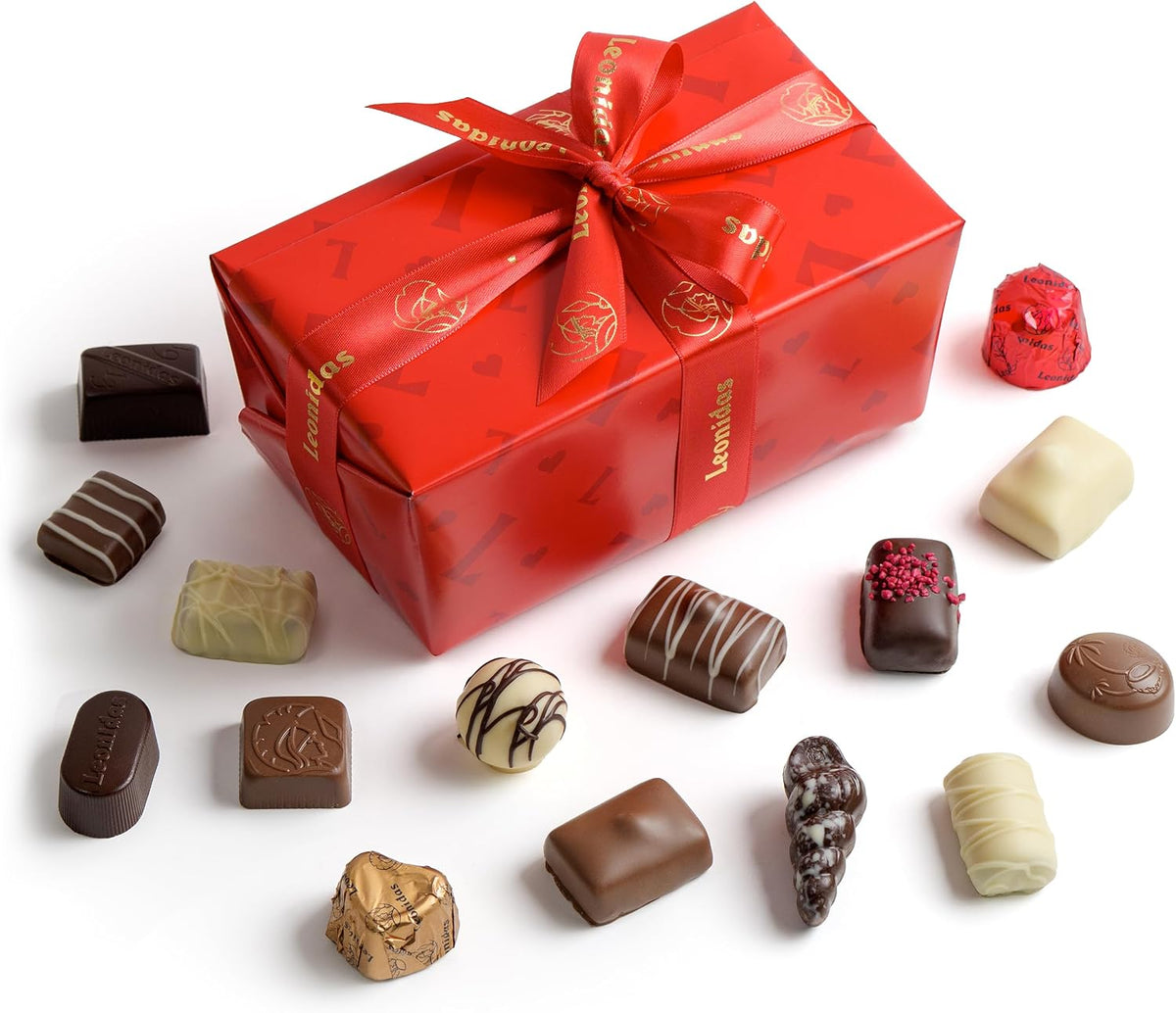 Marky's Leonidas thirty piece dark chocolate assortment box overhead view