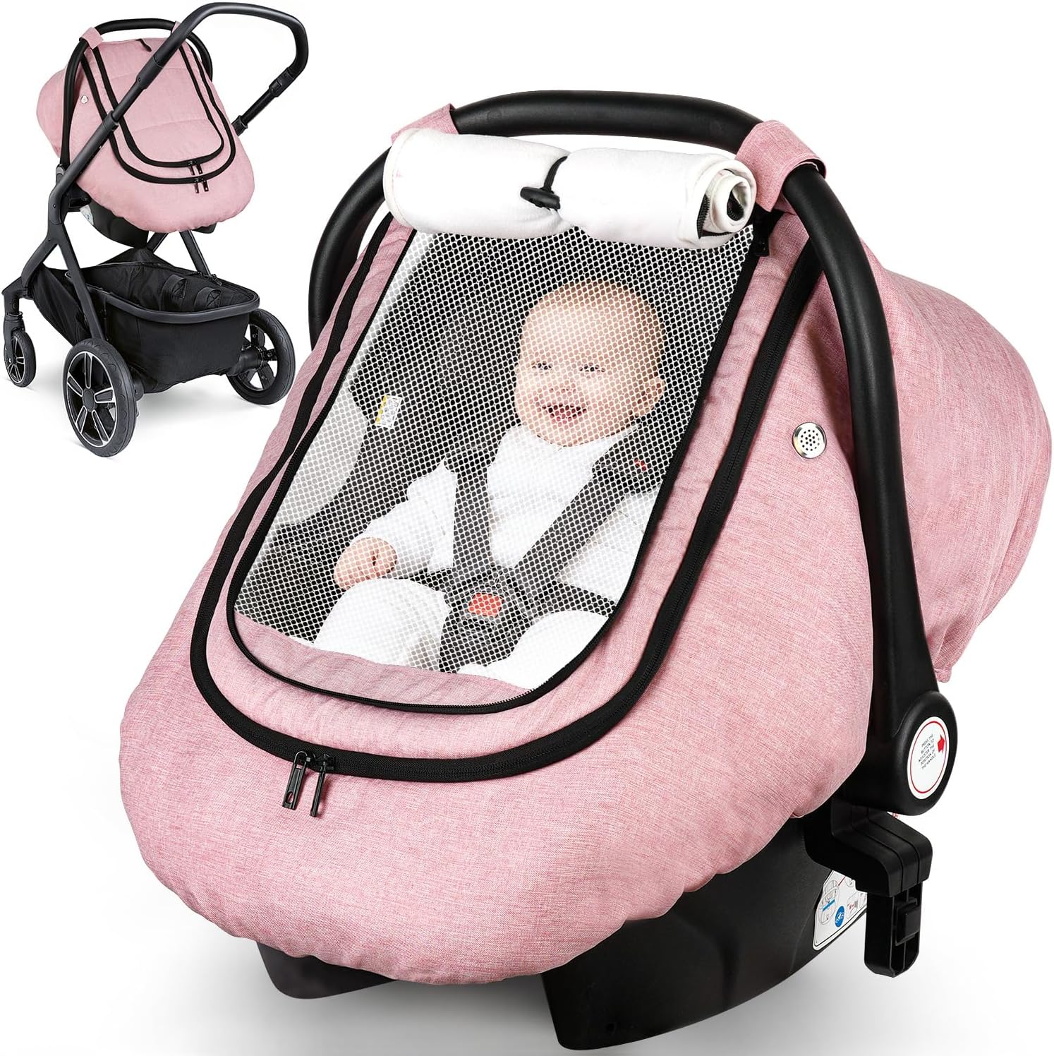 Rquite baby car seat cover pink front view on infant carrier