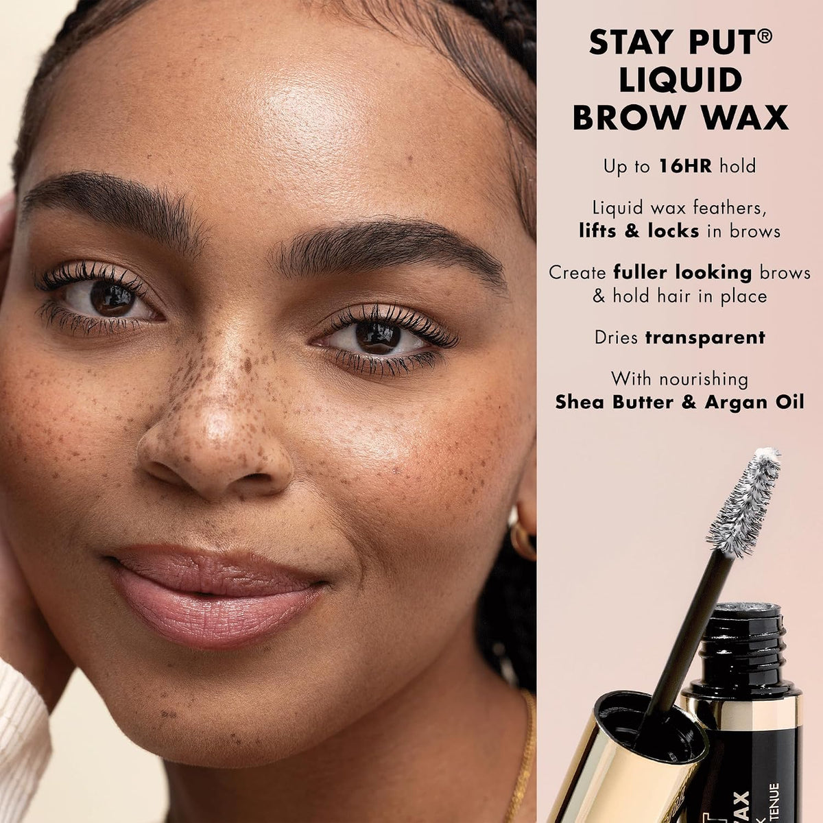 Sixteen hour wear clear eyebrow wax styling effect on model