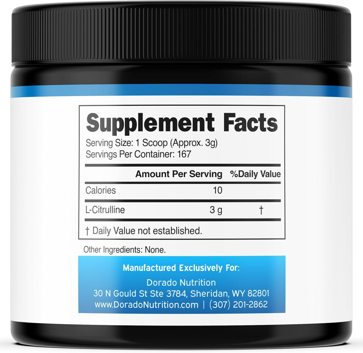 Back view of Dorado Nutrition L-Citrulline bottle with dosage information