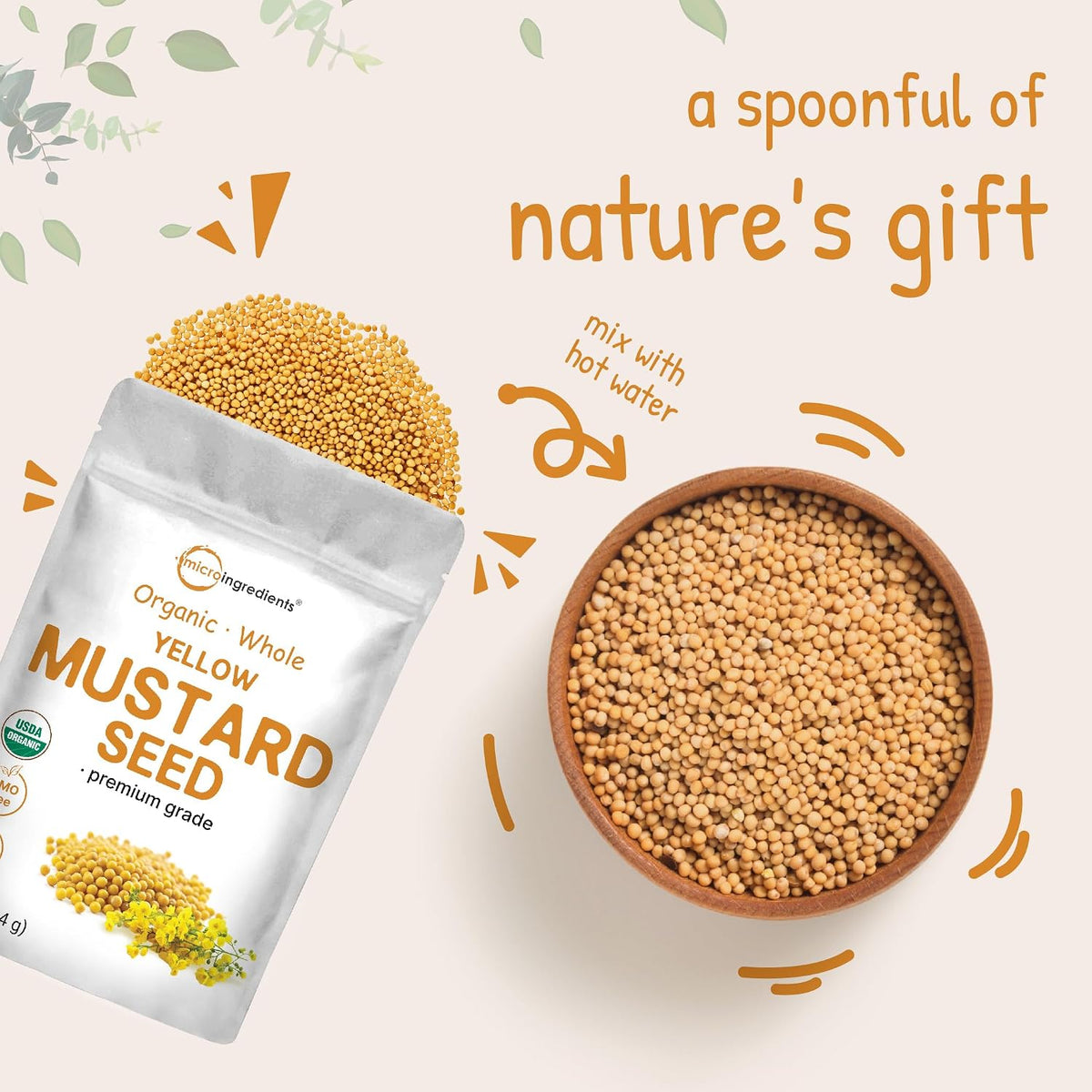 Bulk 4 pound bag of yellow mustard seeds next to a measuring spoon