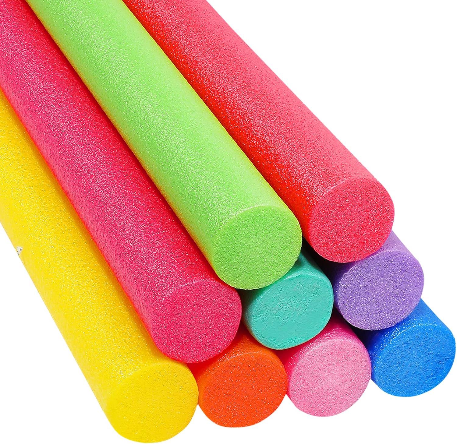 Yaomiao jumbo foam pool noodles front view showing nine colorful assorted tubes stacked together.
