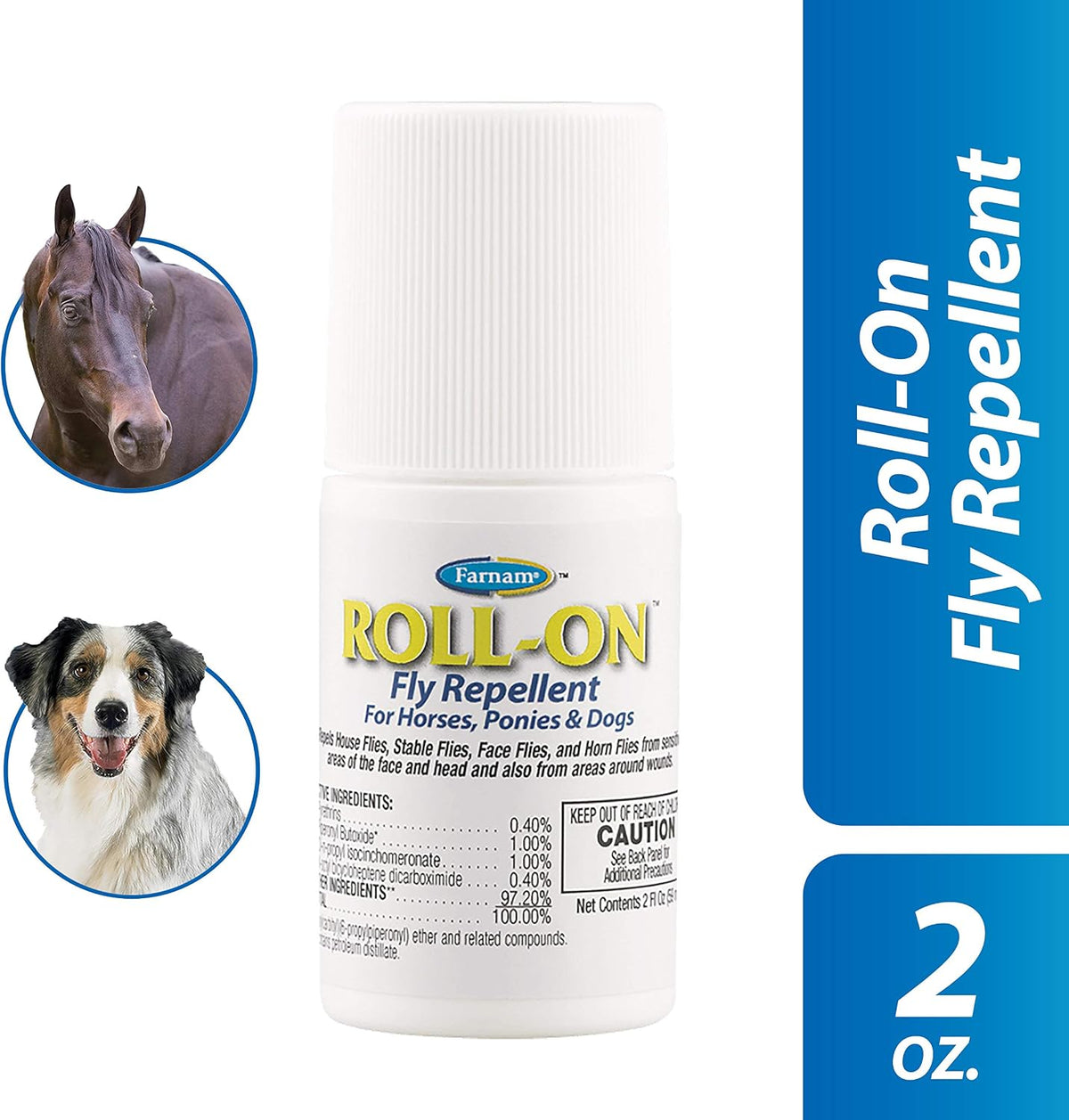 Farnam horse and dog fly repellent roller ball applicator close up details.