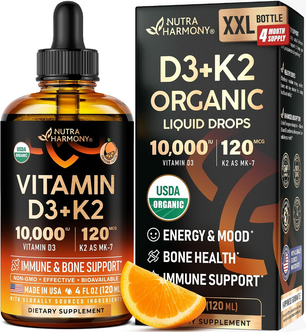 Nutraharmony Vitamin D3 K2 organic drops front view bottle