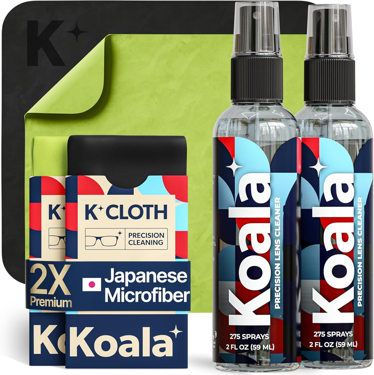 Koala Lifestyle eyeglass lens cleaner spray kit front view showing two bottles and cloths