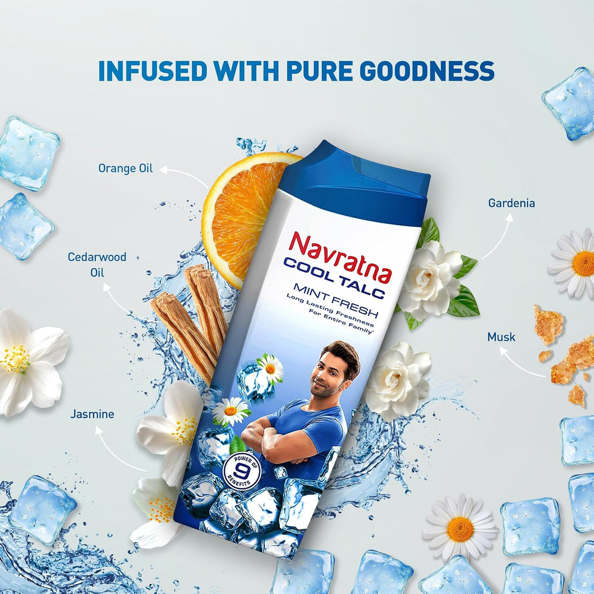 Navratna cool talc 400 grams package in hand