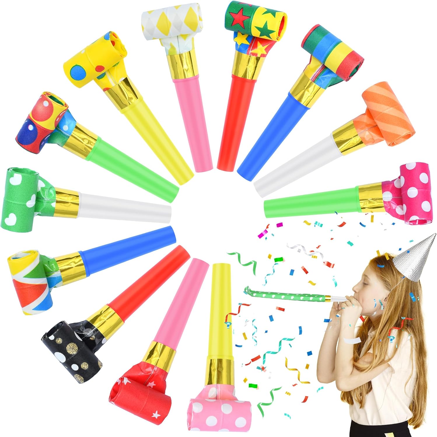 Twavang 12 piece colorful party blower noisemakers front view