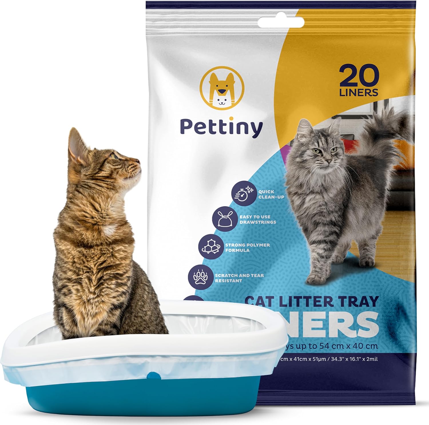 Pettiny Cat Litter Box Liners packaging front view showing scratch resistant claims.