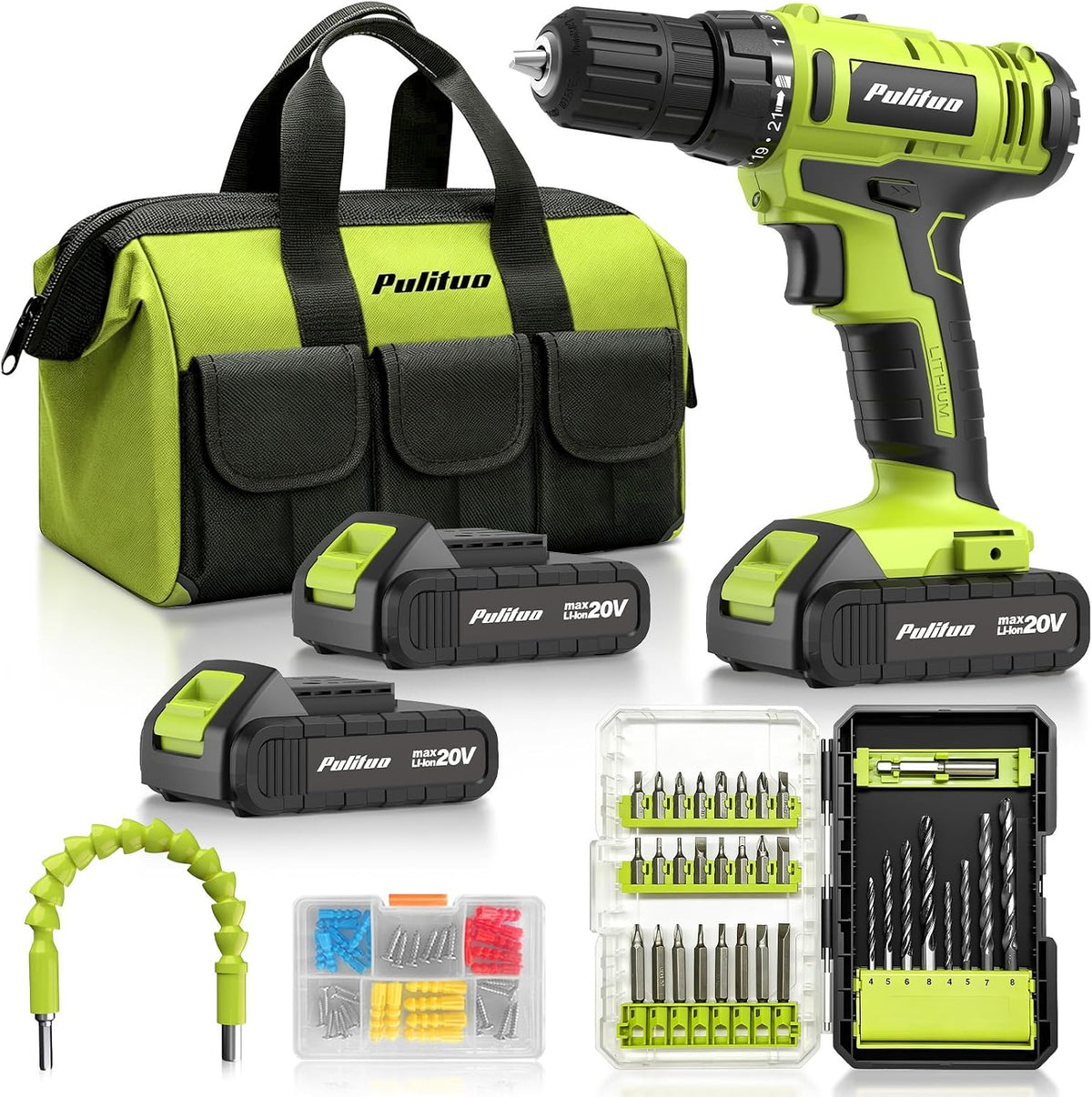 PULITUO'S 20V Cordless Drill/Driver, Electric Screwdriver - 2 Batteries, 30Nm, 21+1 Torque, 2 Speed, Keyless 3/8" Chase Drill with LED Light, Kit for Home (Green) - Image 11