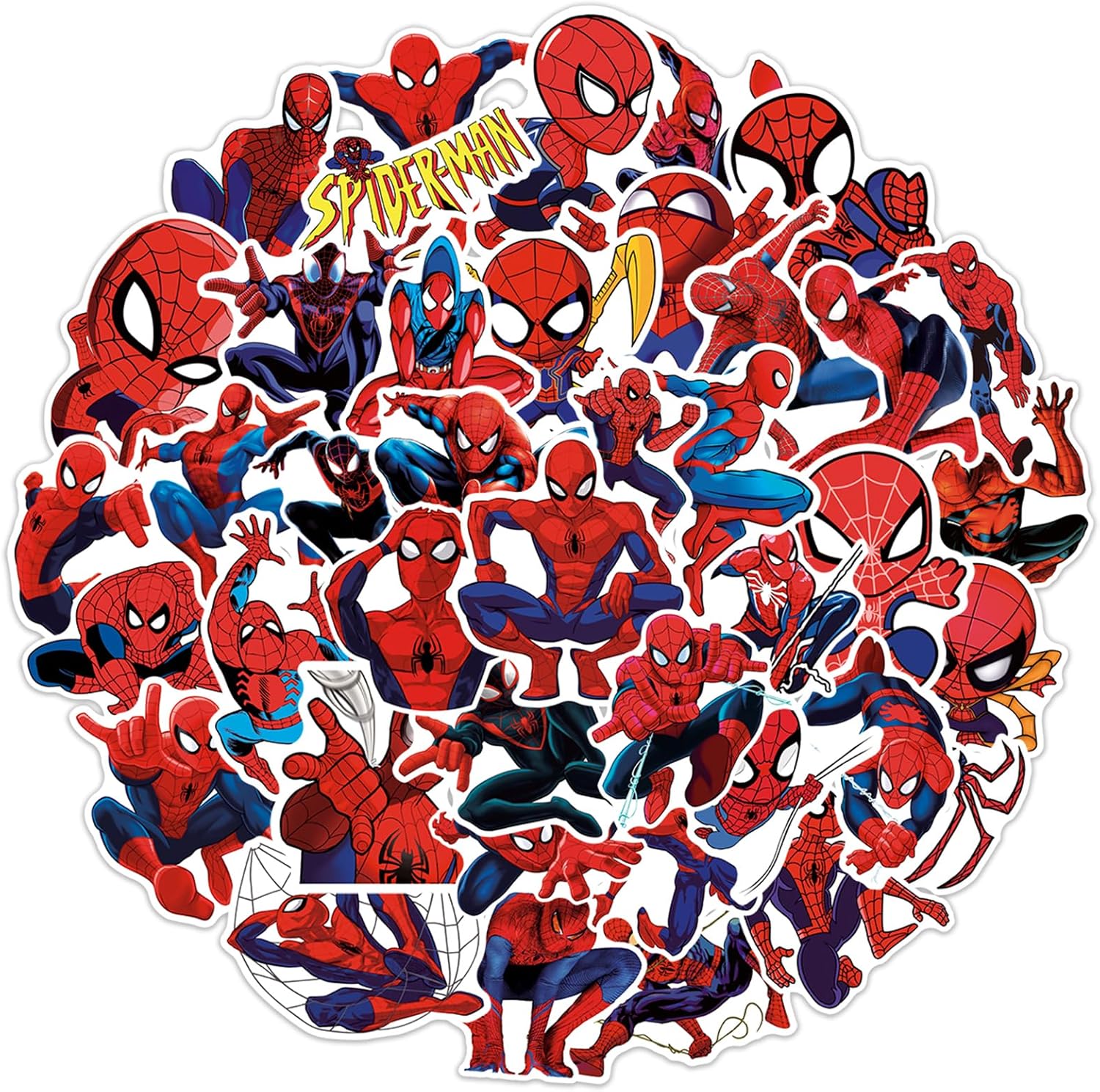 JHJ Spiderman waterproof vinyl stickers front view featuring fifty unique superhero decals spread out on a table