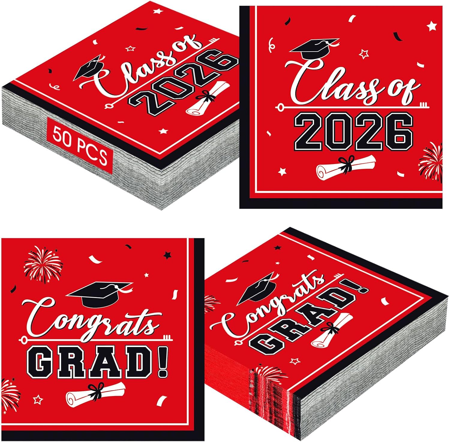 PERFQU graduation napkins class of 2026 red front view showcasing decorative caps and diplomas