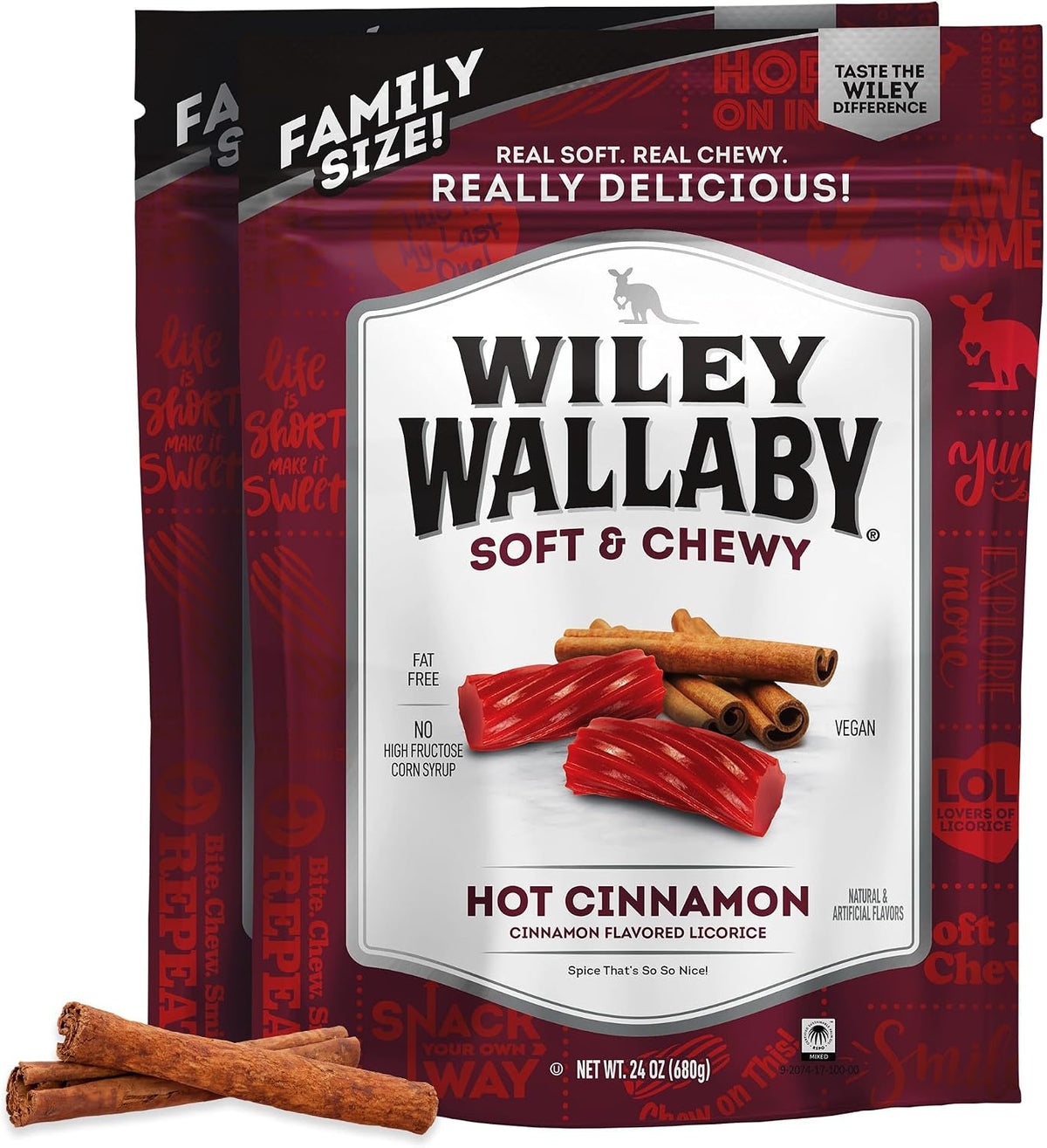 Wiley Wallaby gourmet licorice candy bag highlighting no high fructose corn syrup.