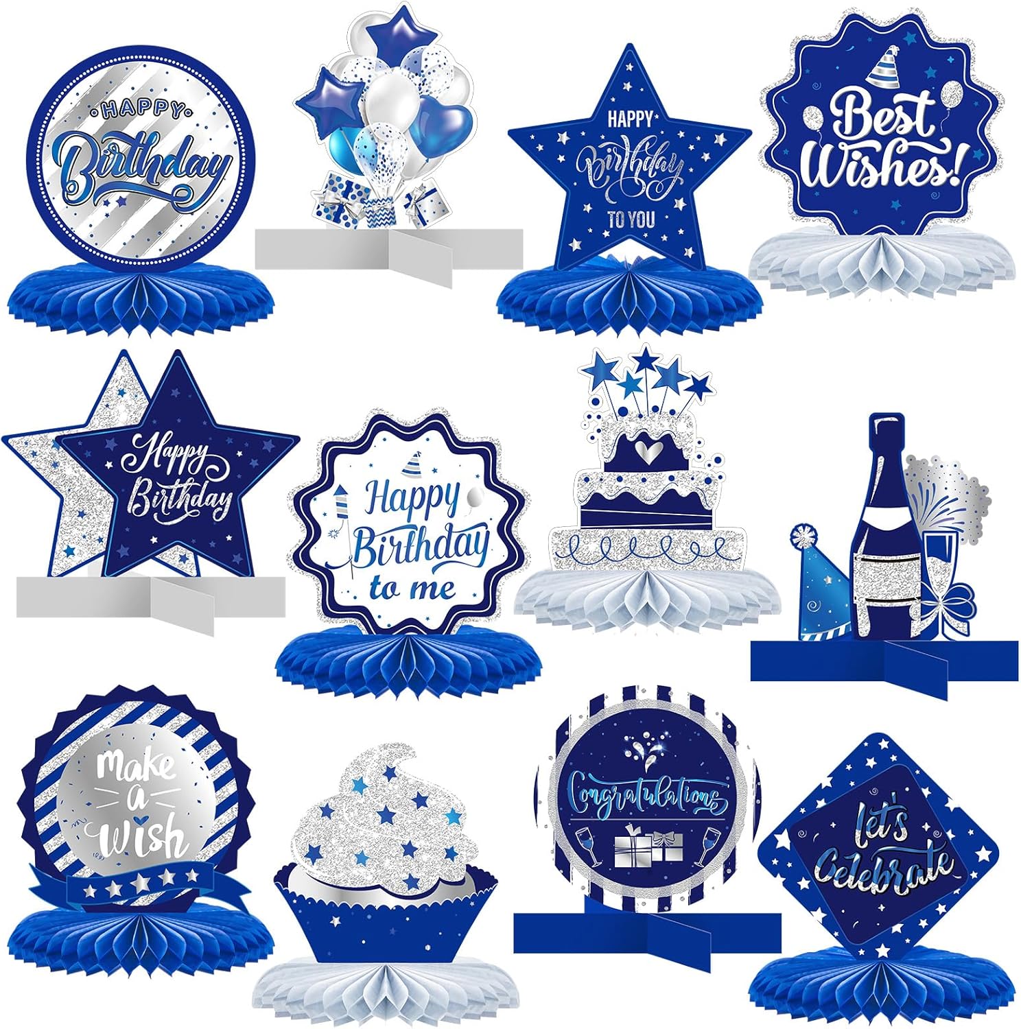 Clabby 12 piece blue birthday honeycomb centerpiece set front view