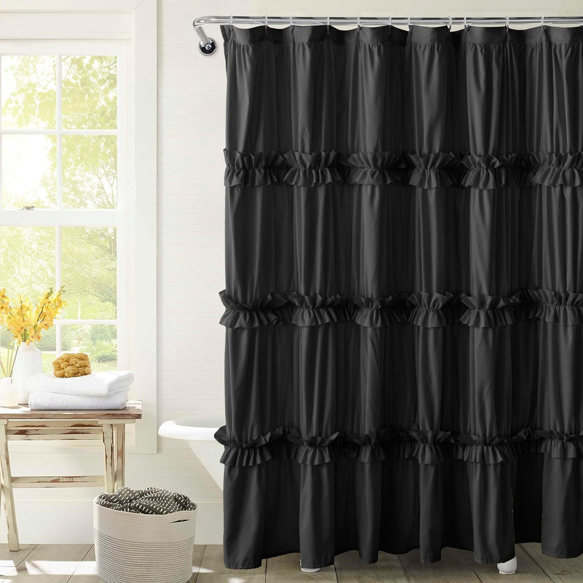 BRHF Farmhouse Ruffle Shower Curtain front view hanging elegantly in a styled modern bathroom setup.