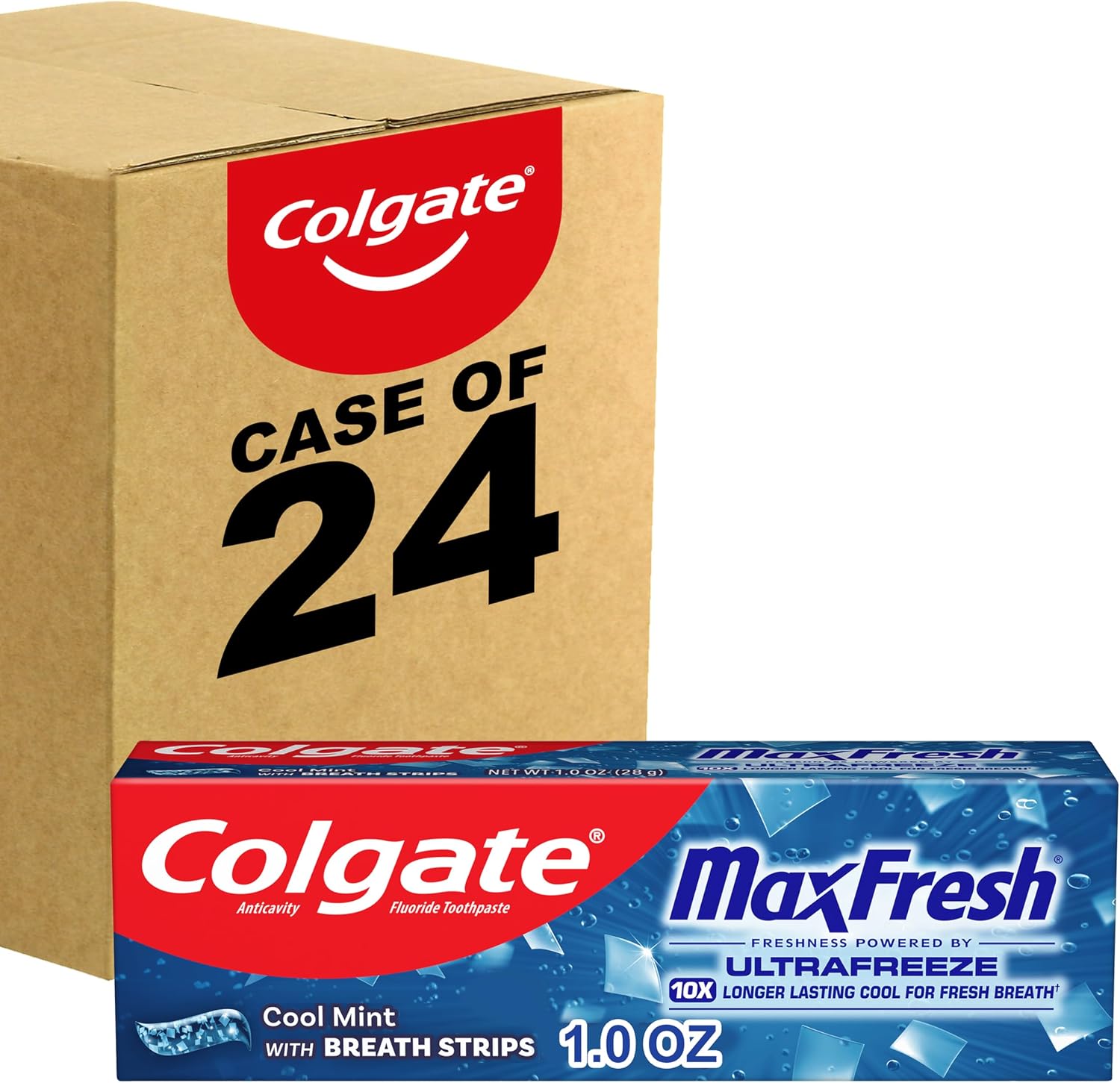 Colgate MaxFresh Cool Mint travel size toothpaste front view showing mini breath strips benefit