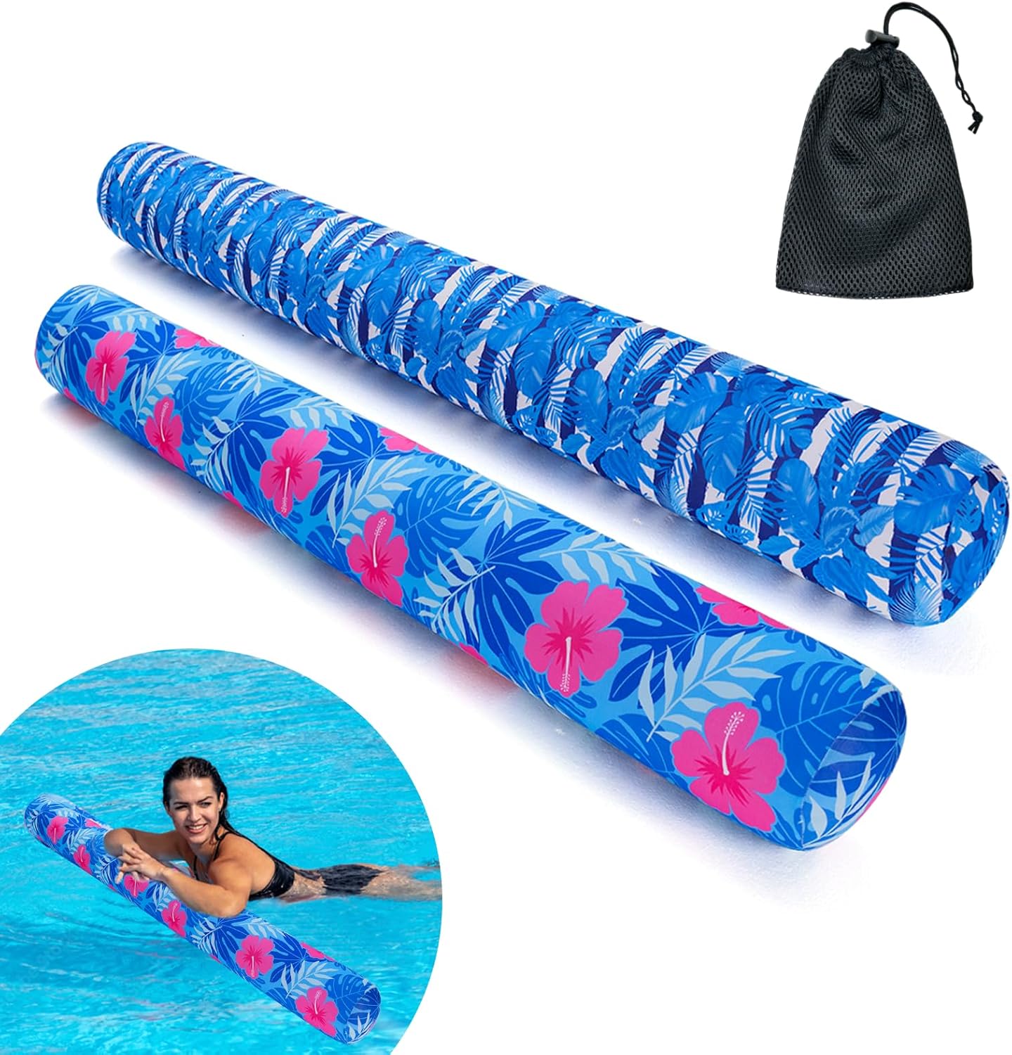 Brmoka inflatable swimming pool noodle 2 pack front view showing tropical plant pattern fabric covers