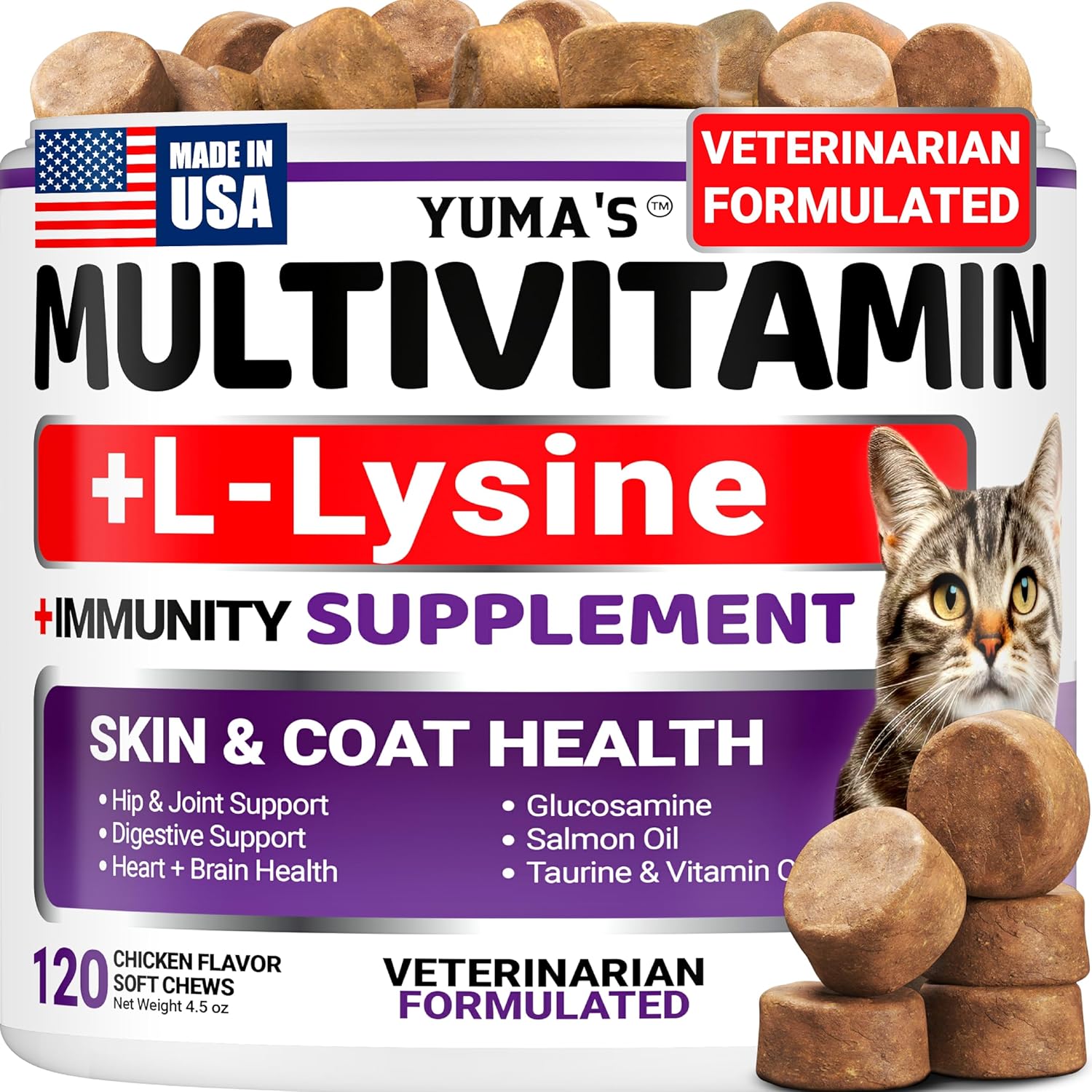 Yuma's Cat Multivitamin Chews 120 count bottle front view for feline wellness.