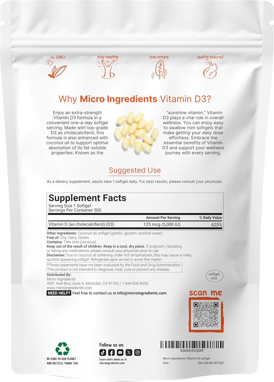 Micro Ingredients Vitamin D3 supplement pouch nutritional label