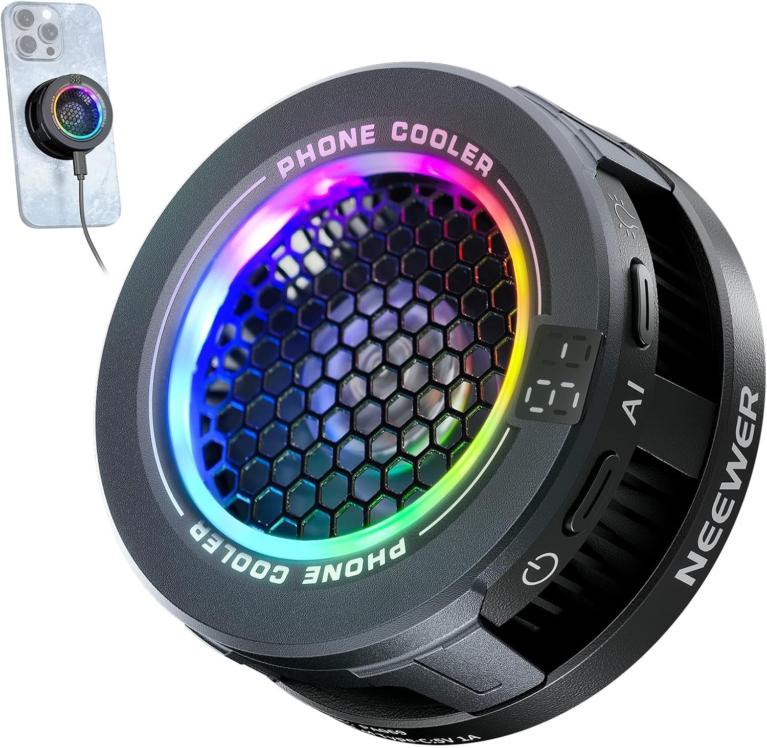 NEEWER Basics Magnetic Phone Cooler front view highlighting the central fan and compact design.