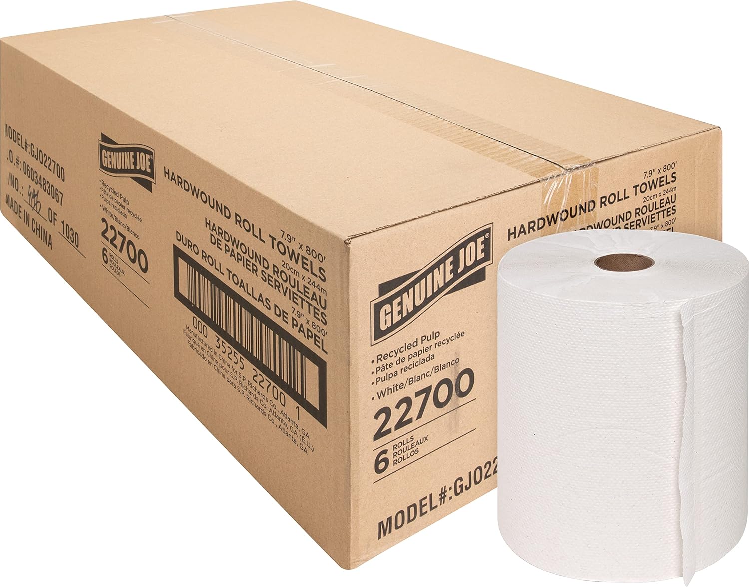 Genuine Joe GJO22700 Hard Wound Roll Towel, 800' Length x 7-8/9" Width, White (Case of 6) - Image 1